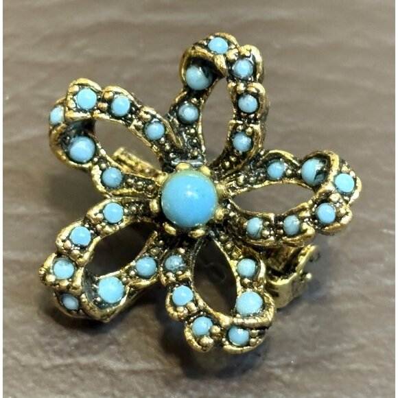 Vintage ARTHUR PFPPER Signed ART Faux Turquoise Gold Tone Floral Brooch Pin - Picture 2 of 5